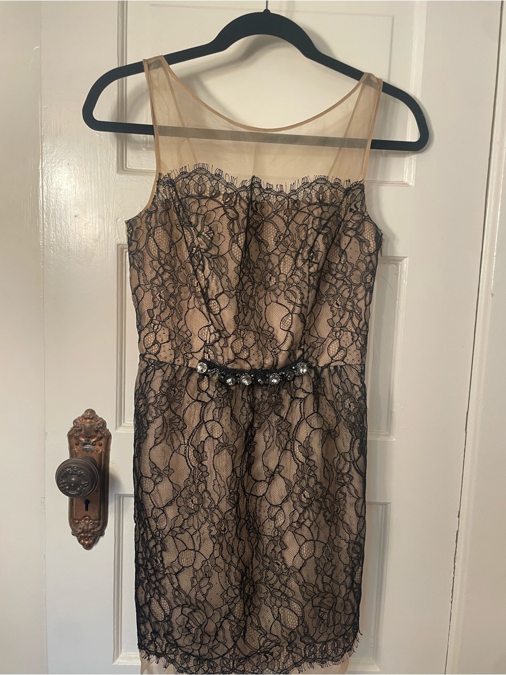 ABS Sleeveless Nude and Black Lace Cocktail Dress with Embellished Waist